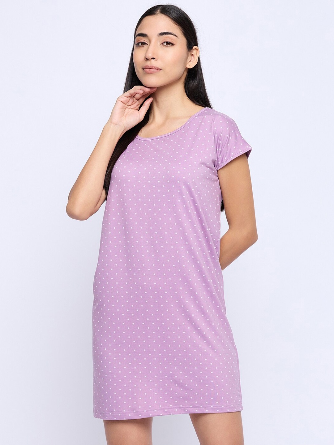 

Camey Polka Dots Printed Pure Cotton T-shirt Nightdress, Lavender