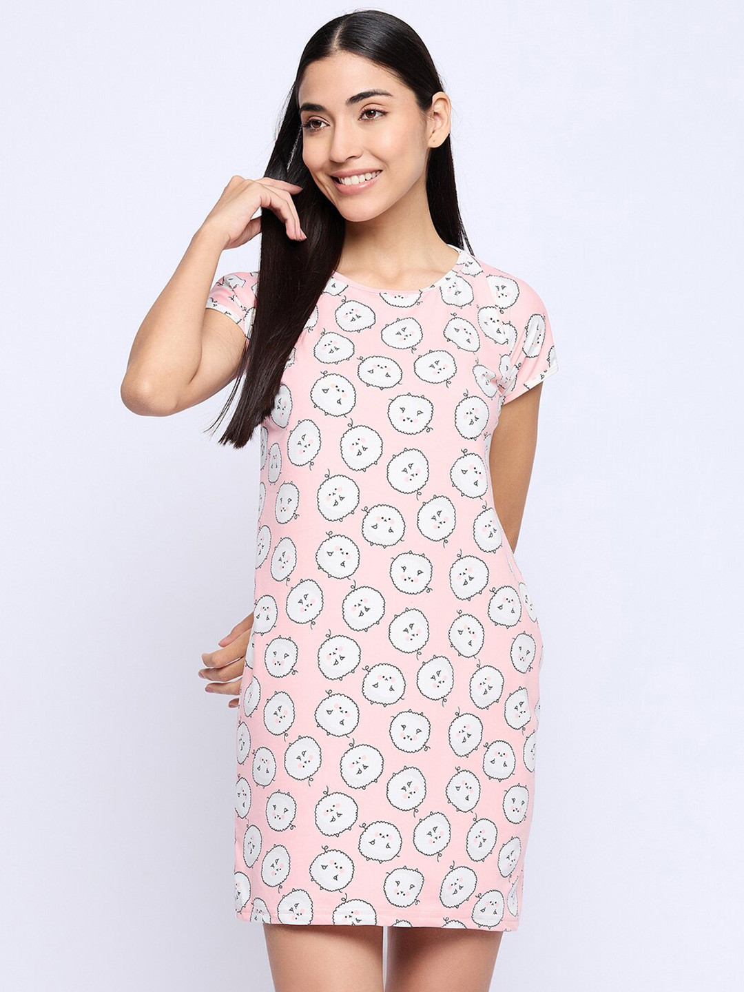 

Camey Conversational Printed Pure Cotton T-shirt Nightdress, Pink