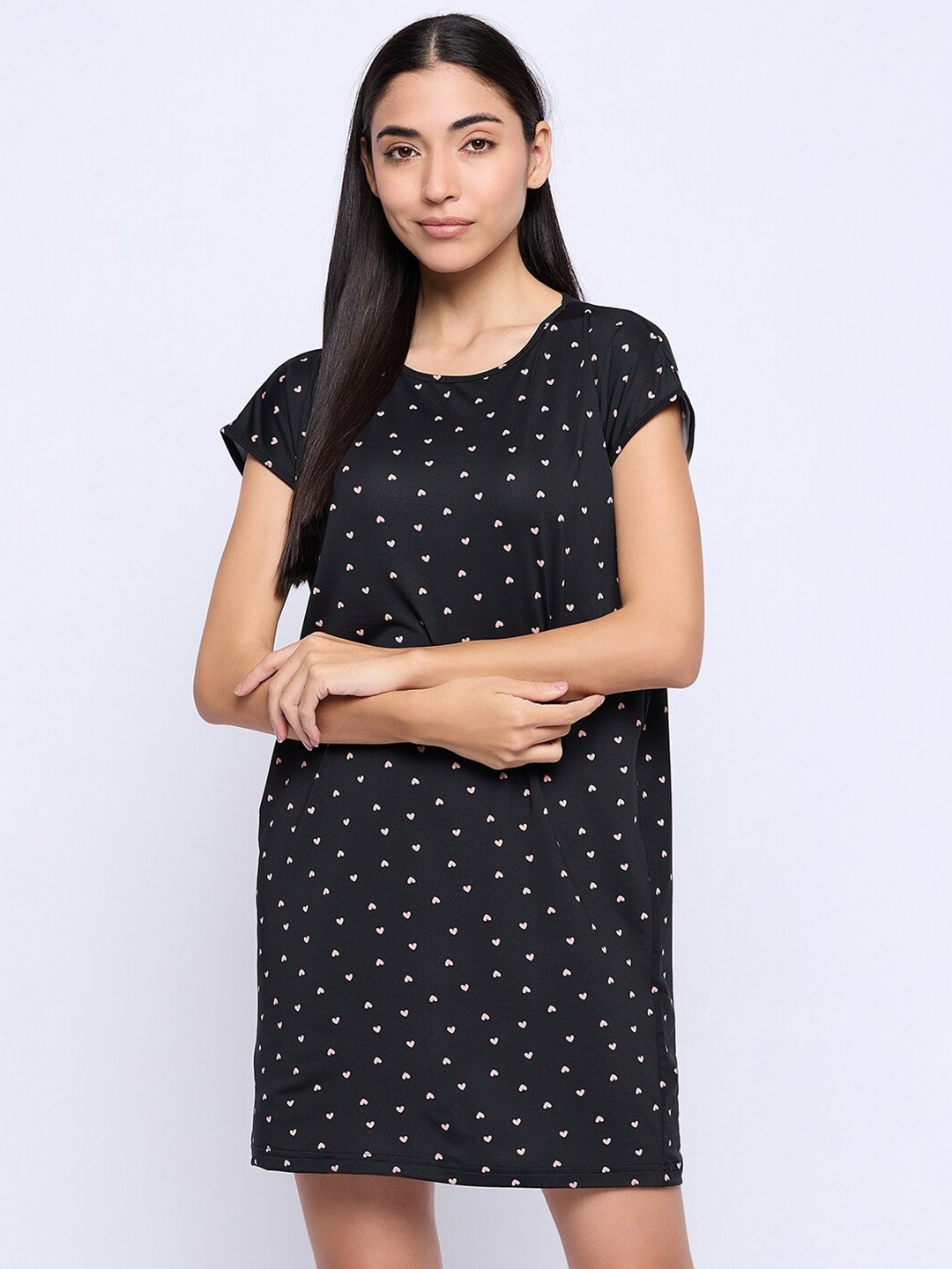 

Camey Conversational Printed Pure Cotton T-shirt Nightdress, Black