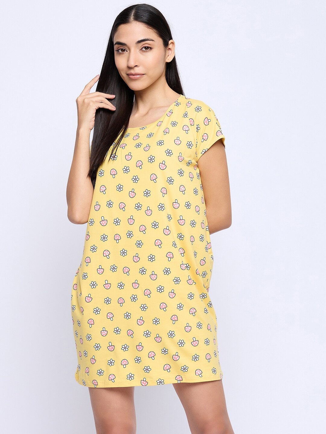 

Camey Floral Printed Pure Cotton T-shirt Nightdress, Yellow