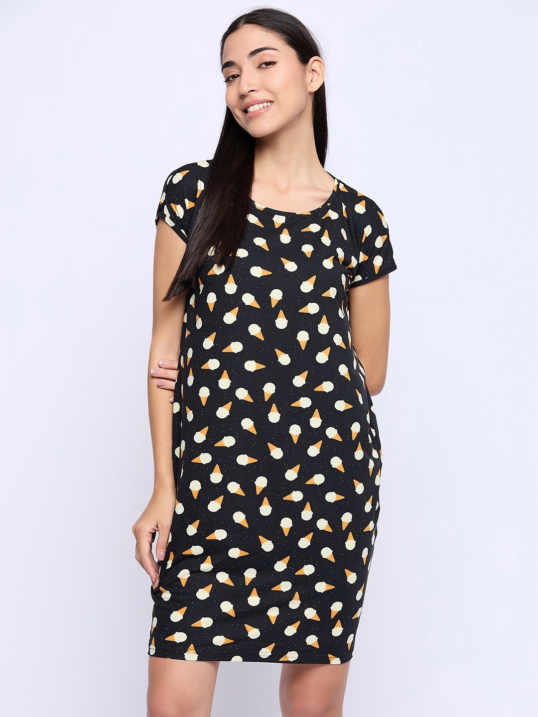 

Camey Conversational Printed Pure Cotton T-shirt Nightdress, Black