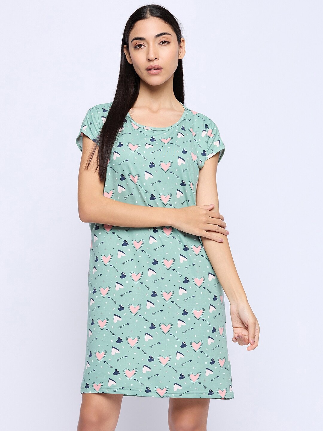 

Camey Conversational Printed Pure Cotton T-shirt Nightdress, Green