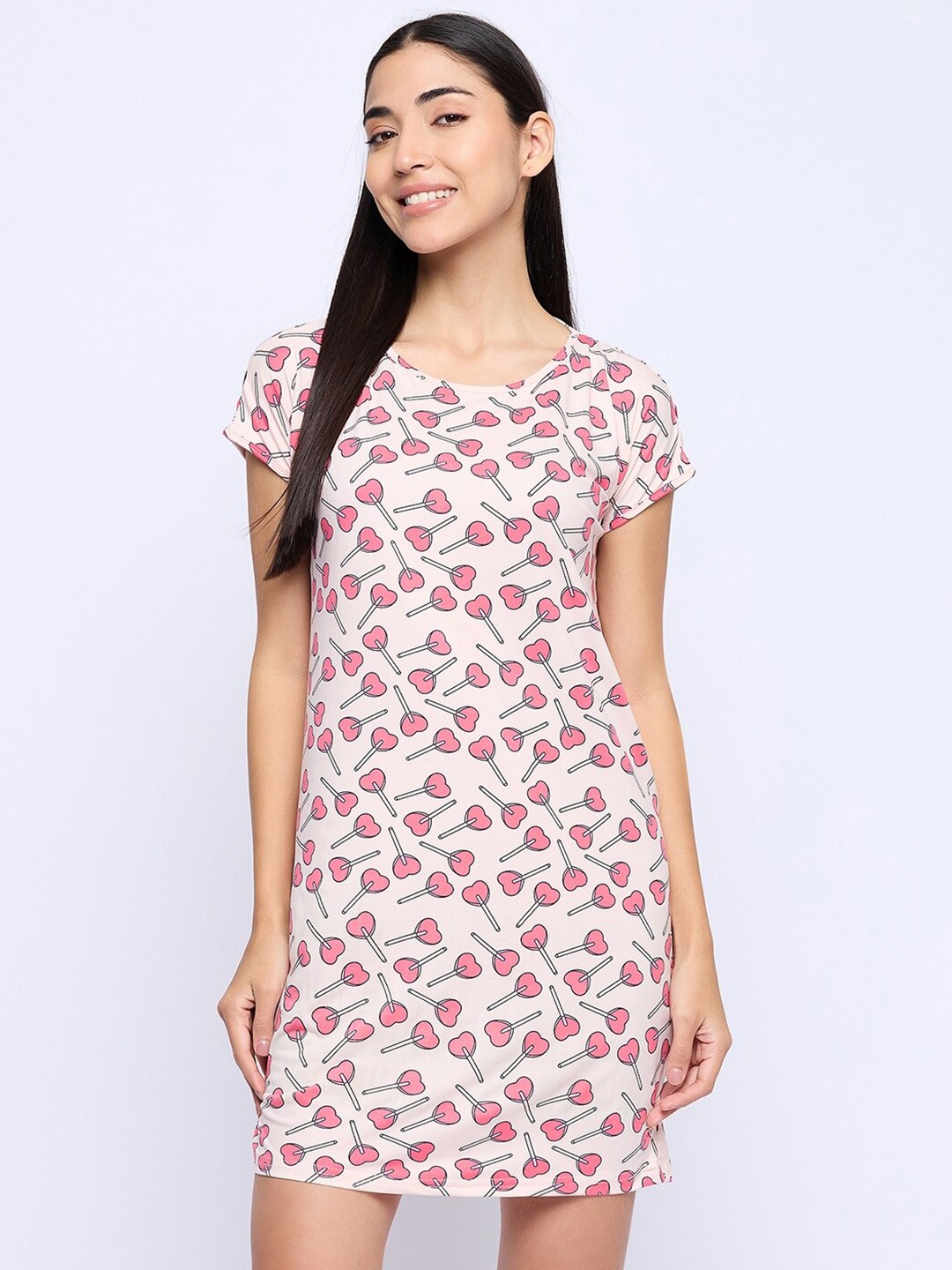 

Camey Conversational Printed Pure Cotton T-shirt Nightdress, Pink