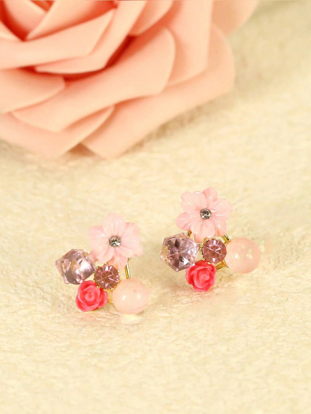 

Krelin Floral Crystal Studded Studs Earrings, Pink