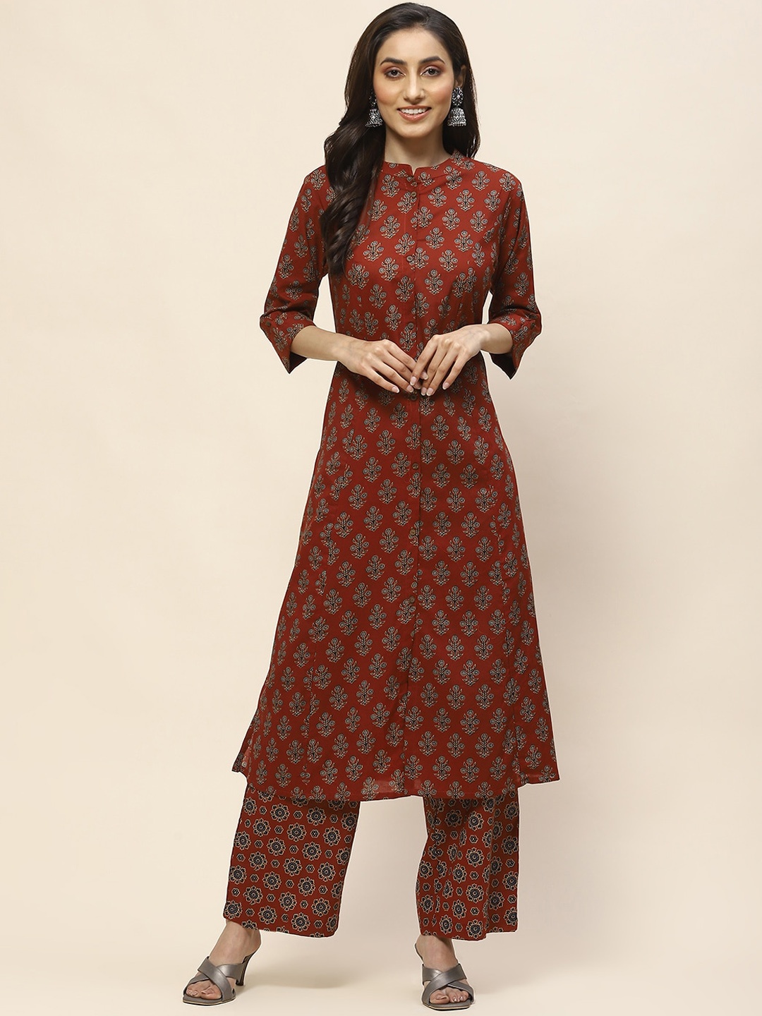 

Meena Bazaar Mandarin Collar Ethnic Printed Straight Kurta with Trouser, Maroon