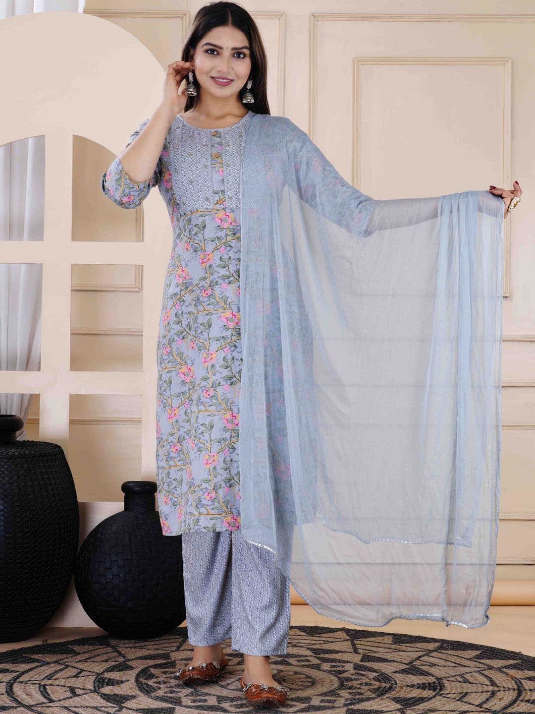 

Meena Bazaar Floral Printed Regular Kurta with Trouser & Dupatta, Blue