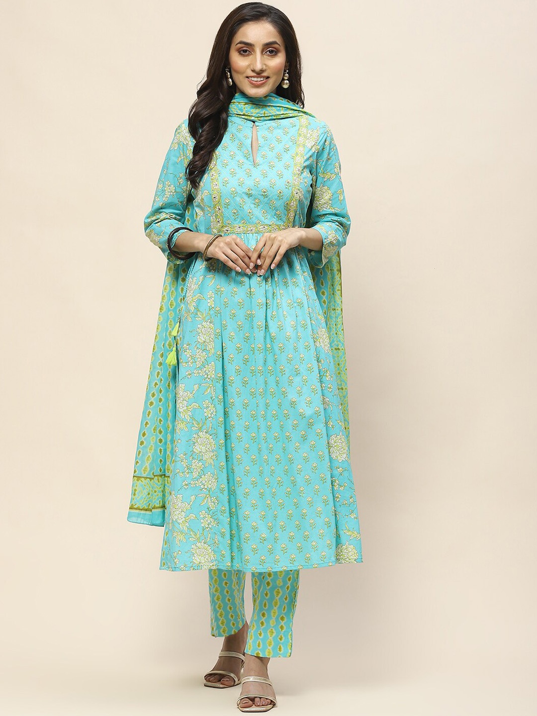 

Meena Bazaar Floral Printed Empire Kurta with Trousers & With Dupatta, Sea green