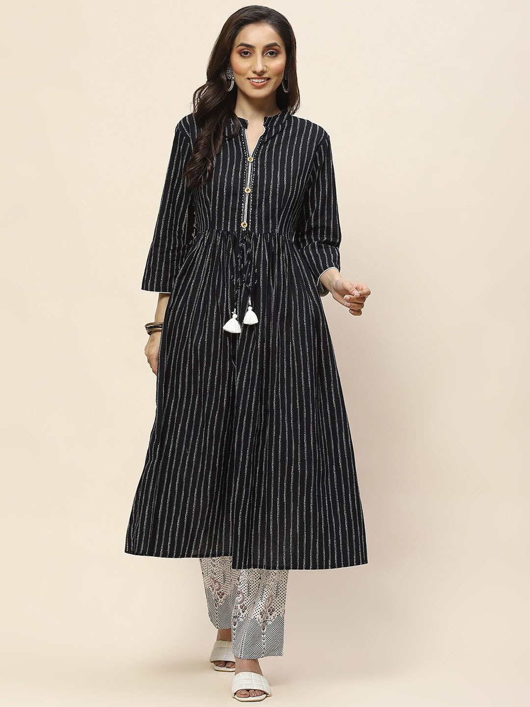 

Meena Bazaar Striped Regular Cotton Kurta with Trousers, Black