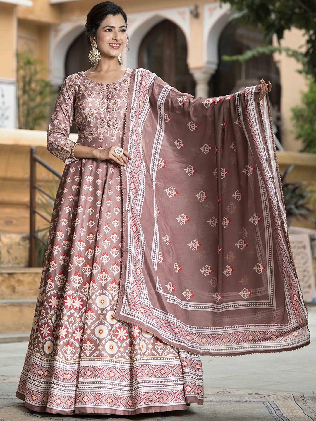 

Meena Bazaar Floral Printed Pleated Kurta with Trousers & With Dupatta, Brown