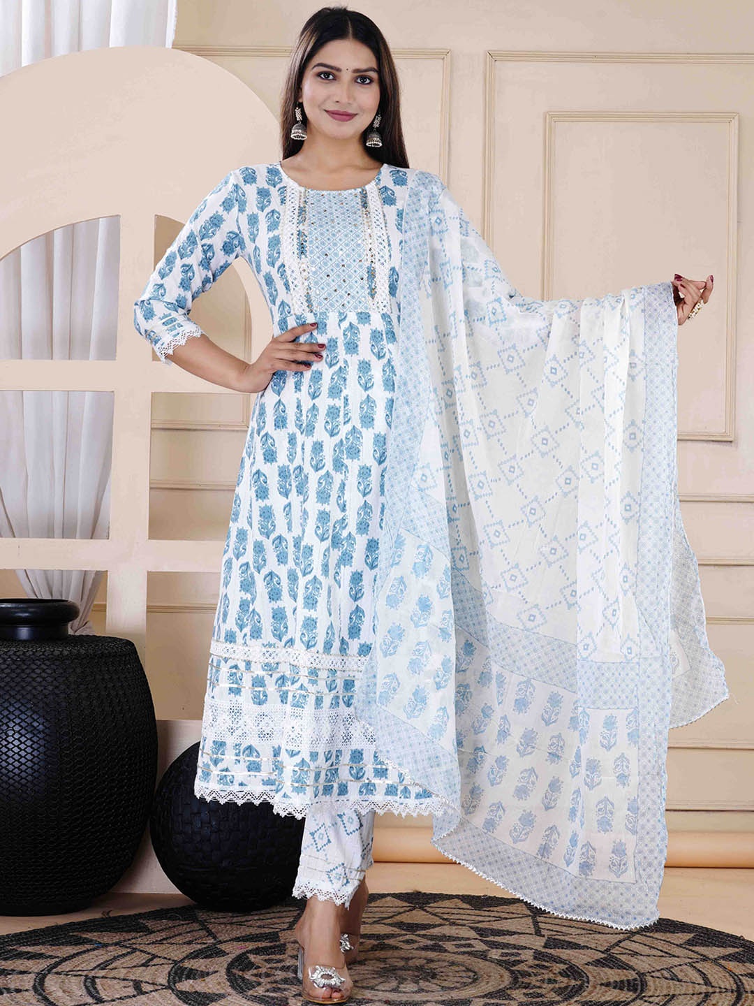 

Meena Bazaar Ethnic Motifs Printed Sequinned Anarkali Kurta & Trousers With Dupatta, White