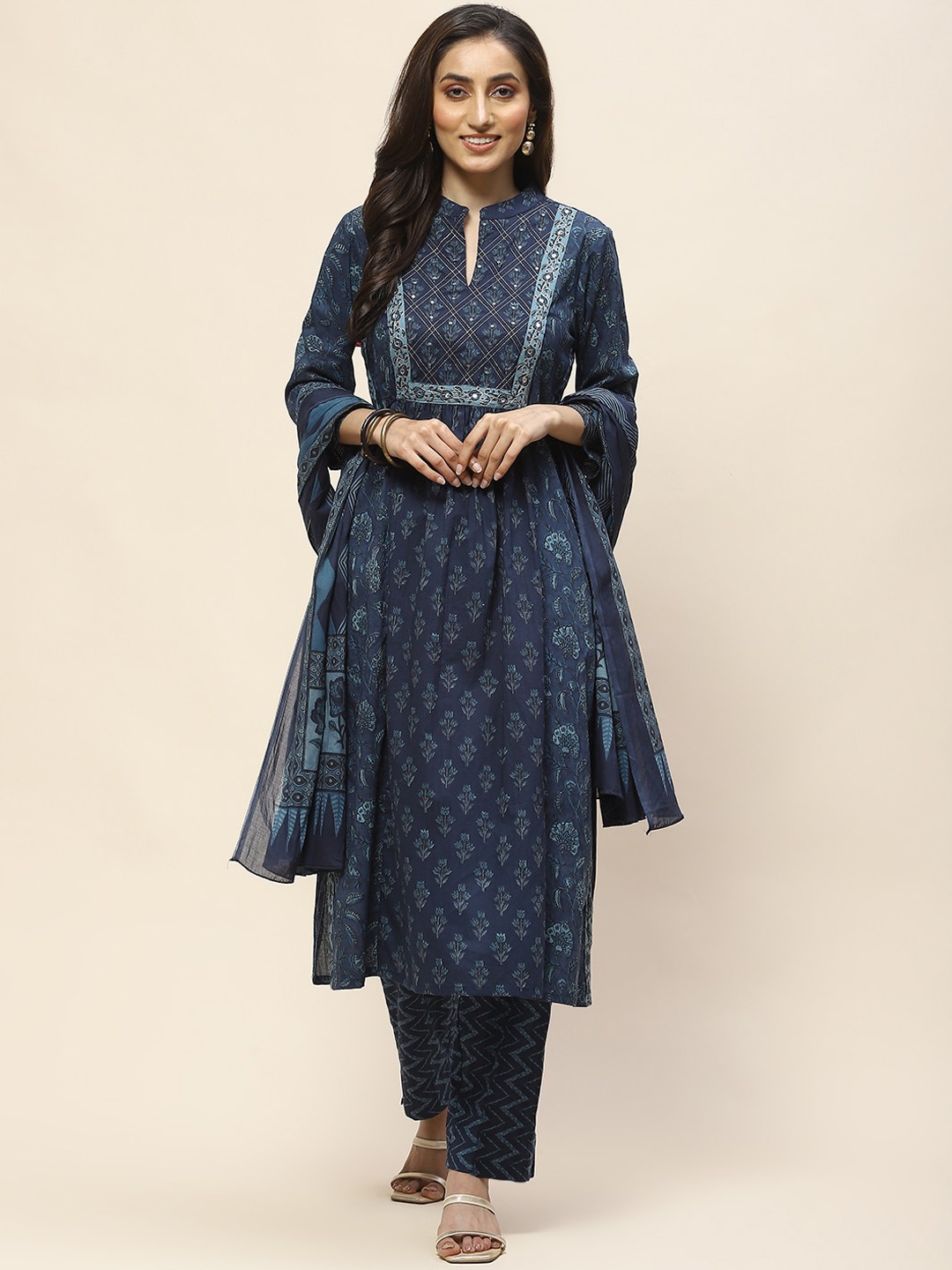 

Meena Bazaar Floral Printed Regular Mirror Work Kurta with Trousers & With Dupatta, Navy blue