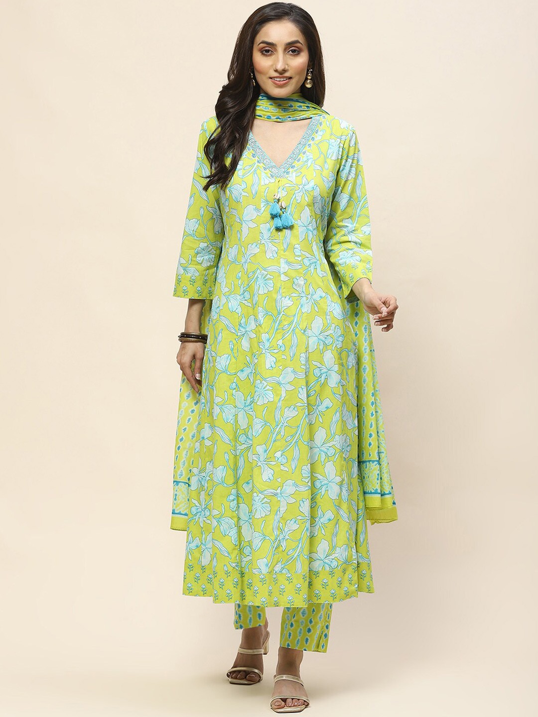 

Meena Bazaar Floral Printed Pleated Kurta with Trousers & Dupatta, Green