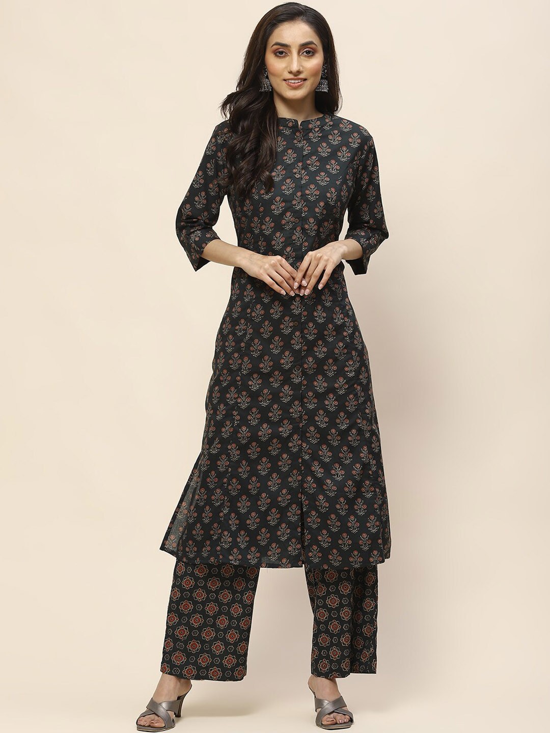

Meena Bazaar Floral Printed Regular Kurta with Trousers, Green