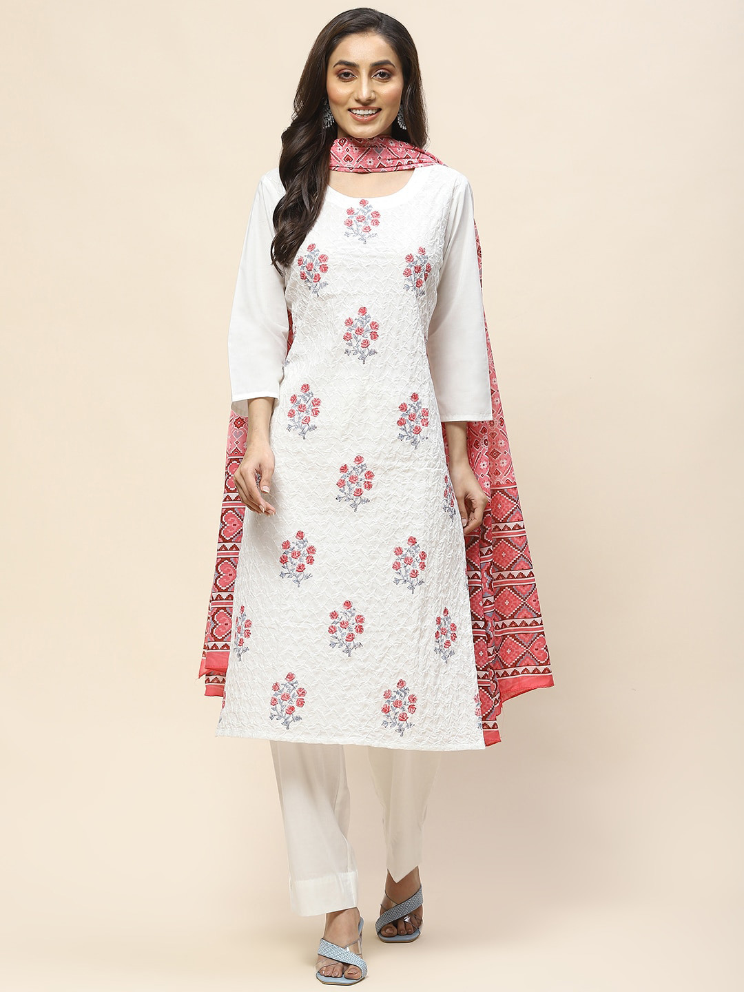 

Meena Bazaar Ethnic Motifs Regular Thread Work Kurta with Trousers & Dupatta, Cream