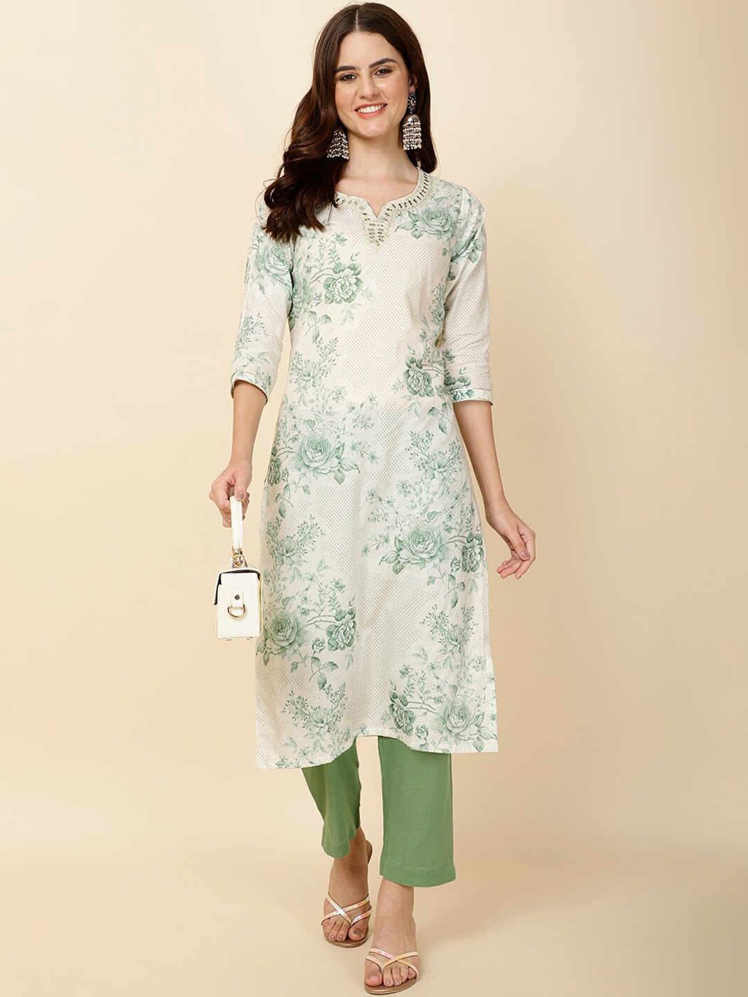

Meena Bazaar Notch Neck Floral Printed Straight Kurta with Trouser, Cream