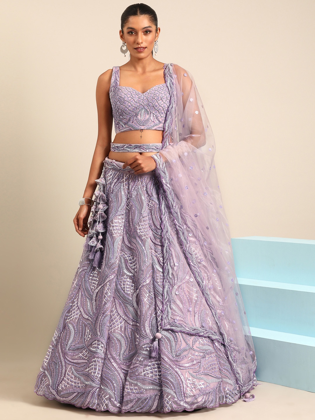 

panchhi Embellished Sequinned Semi-Stitched Lehenga & Unstitched Blouse With Dupatta, Lavender