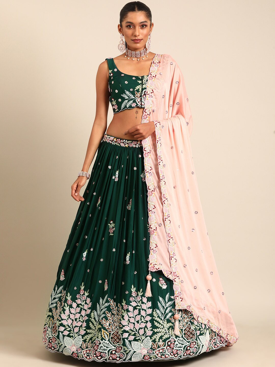 

panchhi Embroidered Sequinned Semi-Stitched Lehenga & Unstitched Blouse With Dupatta, Green