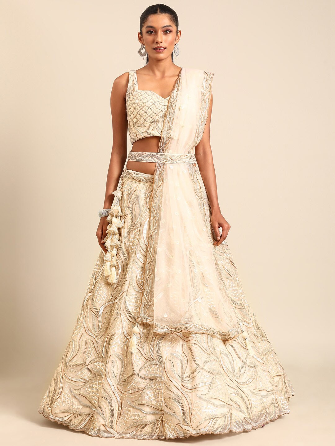 

panchhi Embellished Sequinned Semi-Stitched Lehenga & Unstitched Blouse With Dupatta, Cream