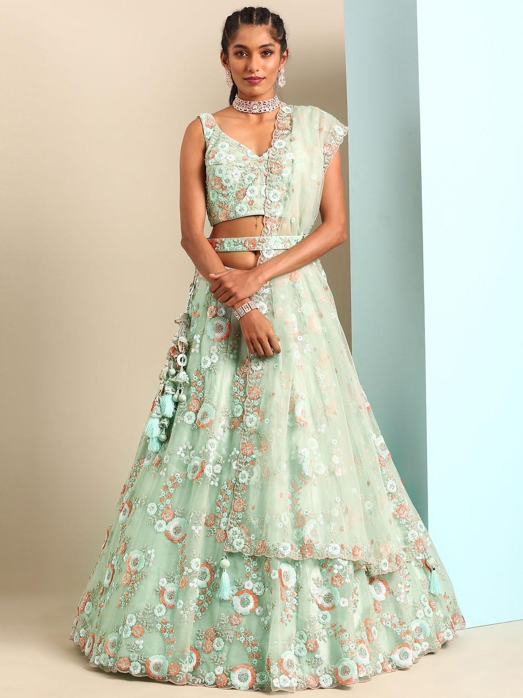 

panchhi Embroidered Beads & Stones Semi-Stitched Lehenga & Unstitched Blouse With Dupatta, Sea green