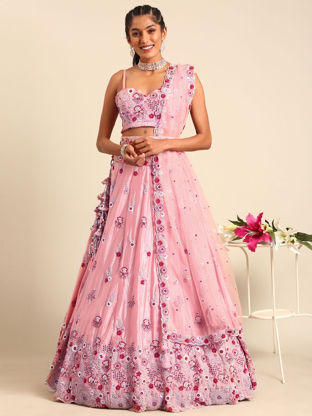

panchhi Embroidered Sequinned Semi-Stitched Lehenga & Unstitched Blouse With Dupatta, Peach