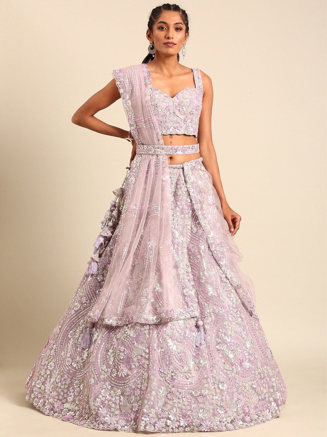 

panchhi Embellished Sequinned Semi-Stitched Lehenga & Unstitched Blouse With Dupatta, Lavender