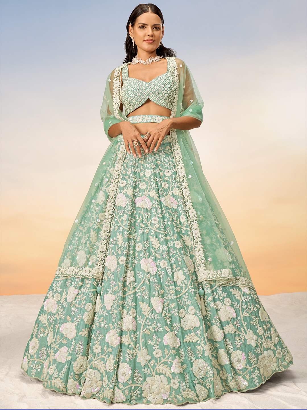 

panchhi Embroidered Semi-Stitched Lehenga & Unstitched Blouse With Dupatta, Sea green
