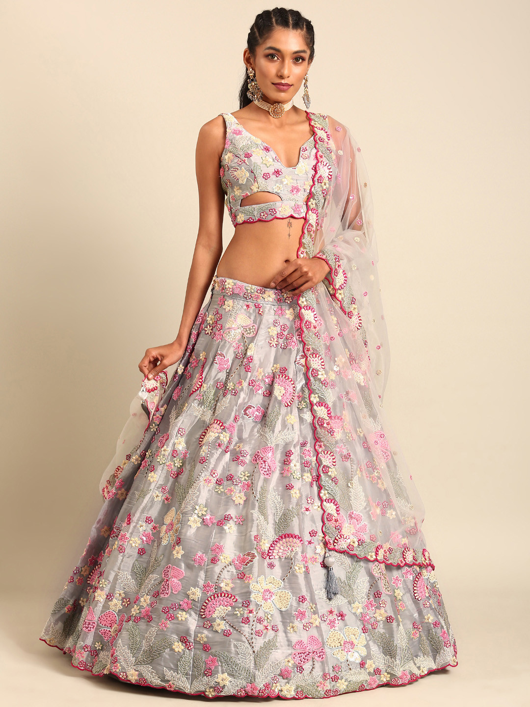 

panchhi Embellished Sequinned Semi-Stitched Lehenga & Unstitched Blouse With Dupatta, Grey