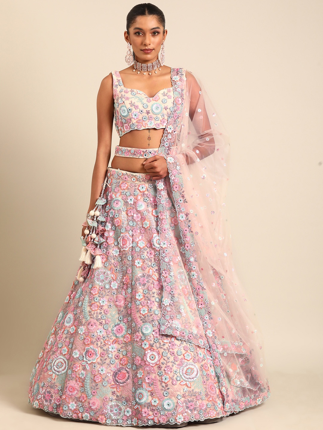 

panchhi Embellished Sequinned Semi-Stitched Lehenga & Unstitched Blouse With Dupatta, Cream