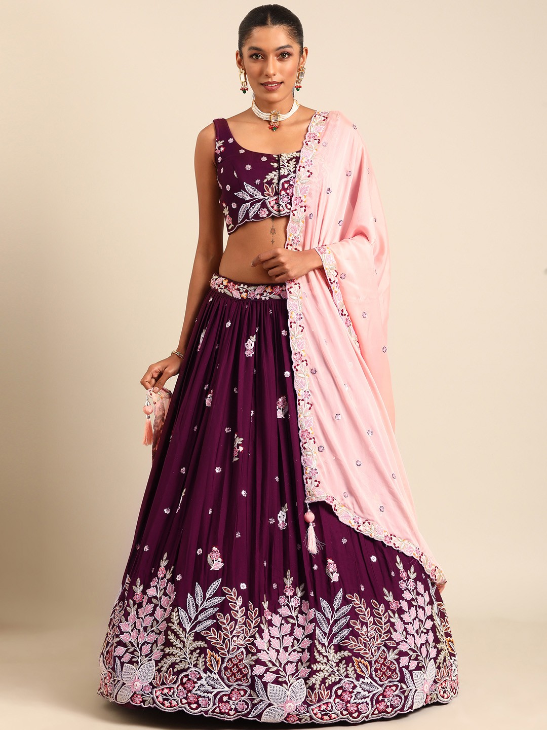

panchhi Embroidered Sequinned Semi-Stitched Lehenga & Unstitched Blouse With Dupatta, Burgundy