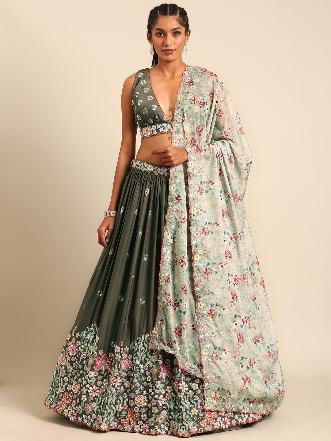 

panchhi Embellished Sequinned Semi-Stitched Lehenga & Unstitched Blouse With Dupatta, Olive