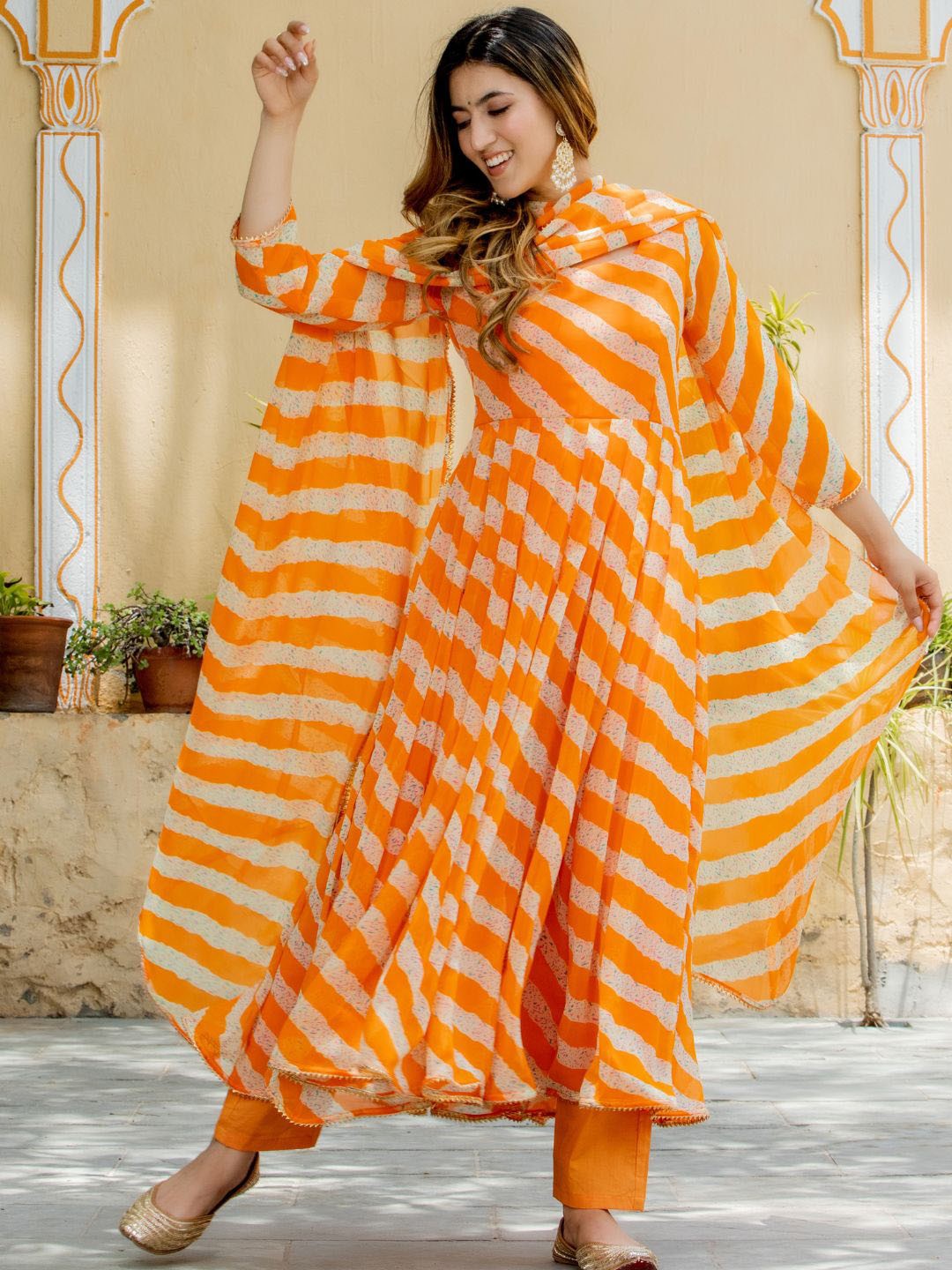 

HOUSE OF JAMOTI Striped Pleated Anarkali Kurta With Trousers & Dupatta, Orange