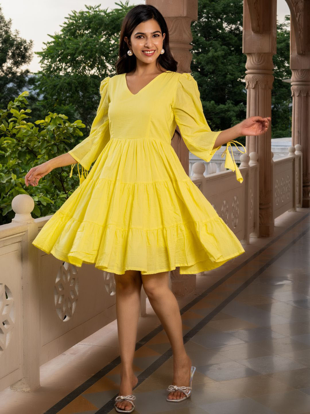 

HOUSE OF JAMOTI V-Neck Three-Quarter Sleeves Cotton A-Line Dress, Yellow
