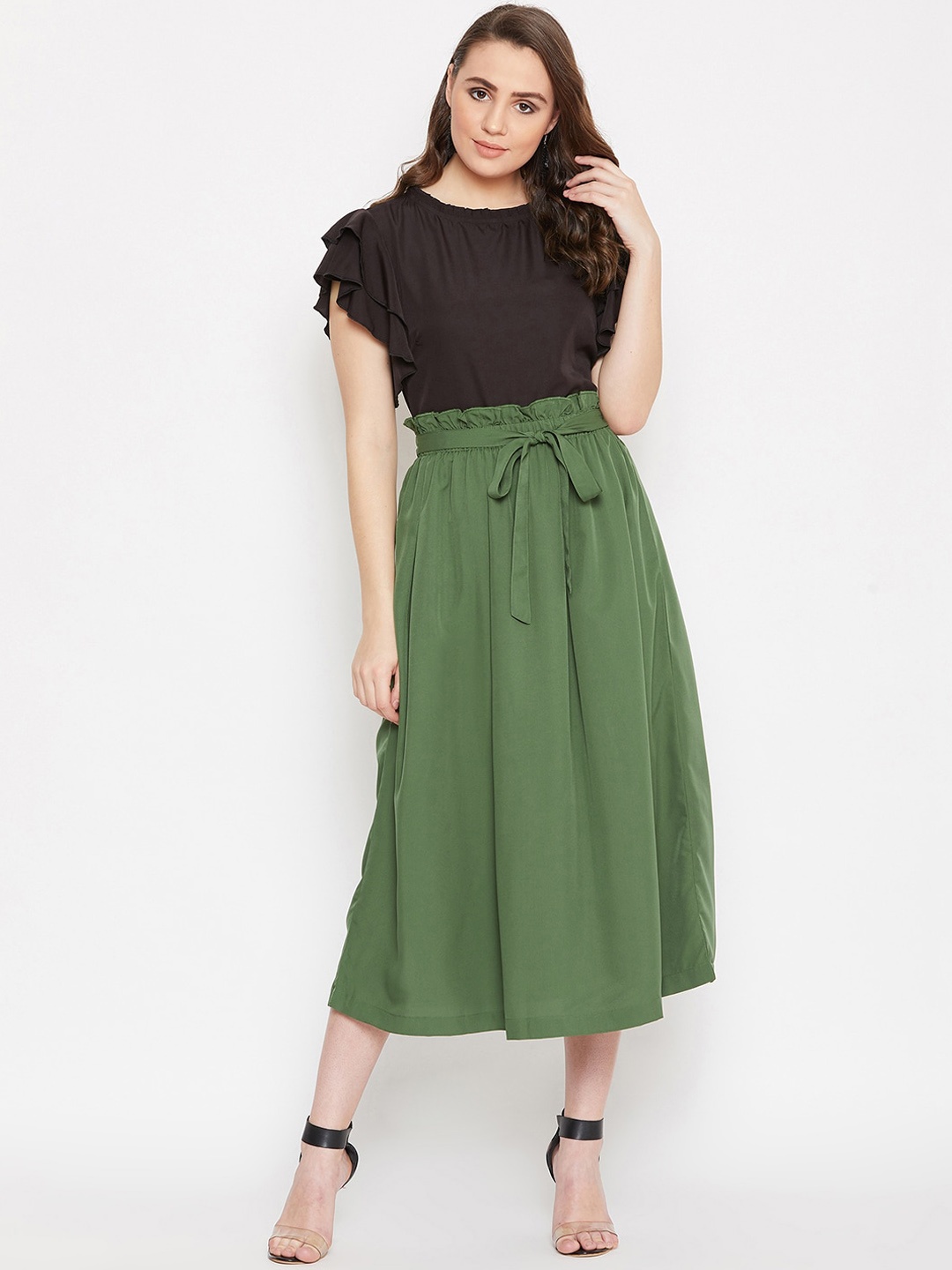 

Bitterlime Round Neck Flutter Sleeves Top With Flared Skirt, Black