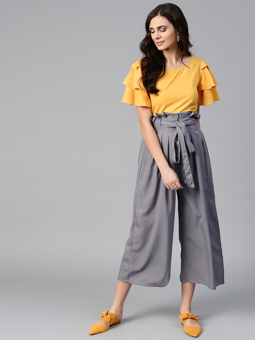 

Bitterlime Round Neck Ruffled Top & Trousers, Mustard