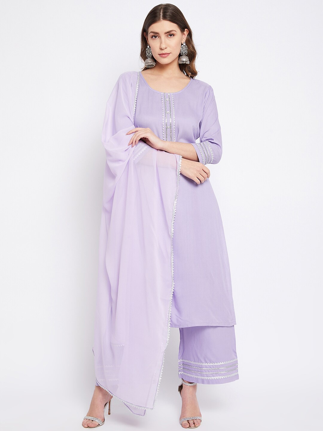 

Bitterlime Gotta Patti Straight Kurta with Palazzo With Dupatta, Purple