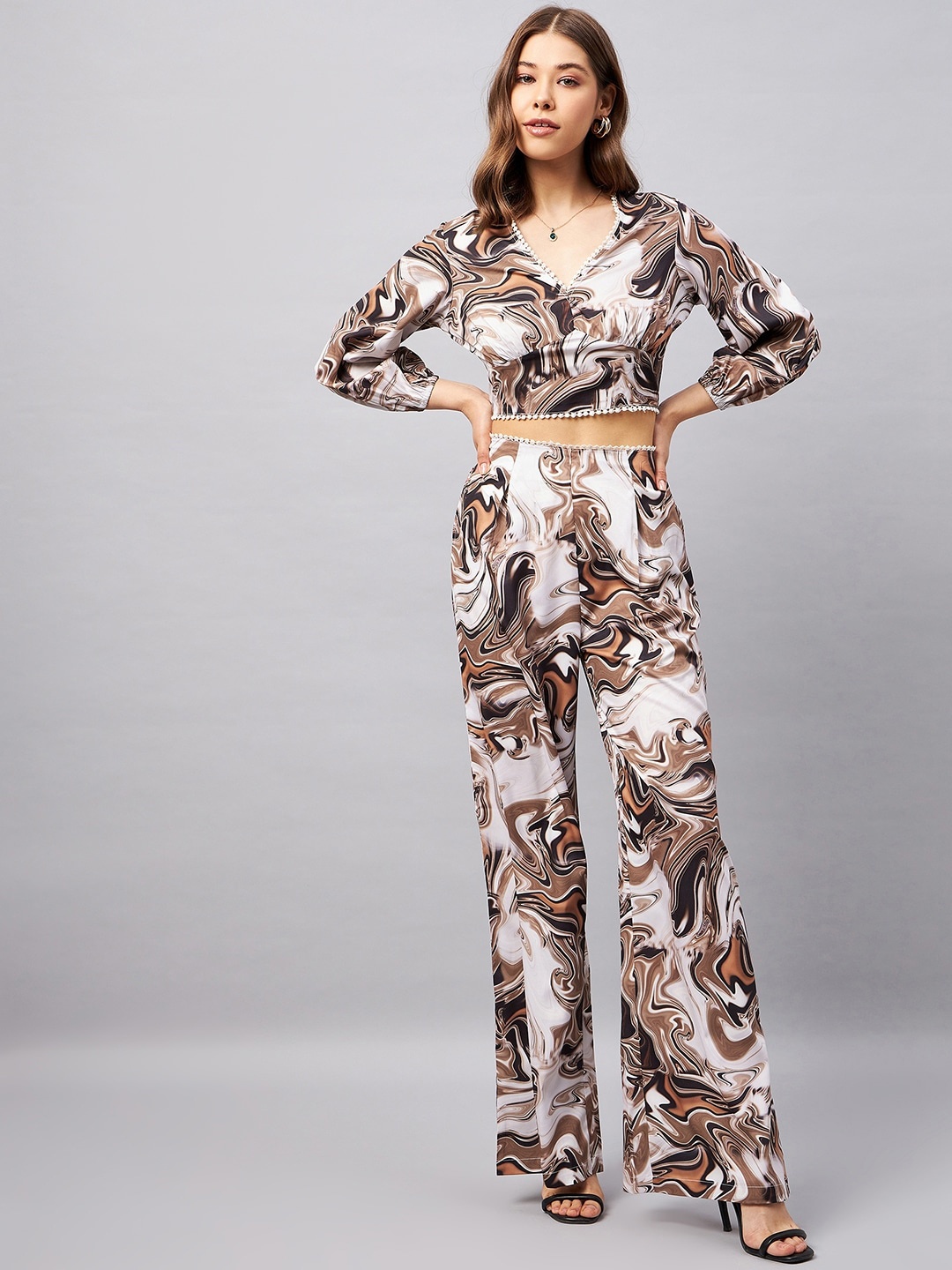 

Orchid Blues Abstract Printed Crop Top With Trouser Co-Ords, Brown