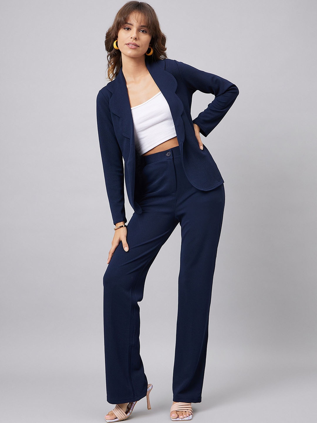 

Orchid Blues Shawl Collared Neck Blazer & Flared Trouser Co-Ords, Navy blue