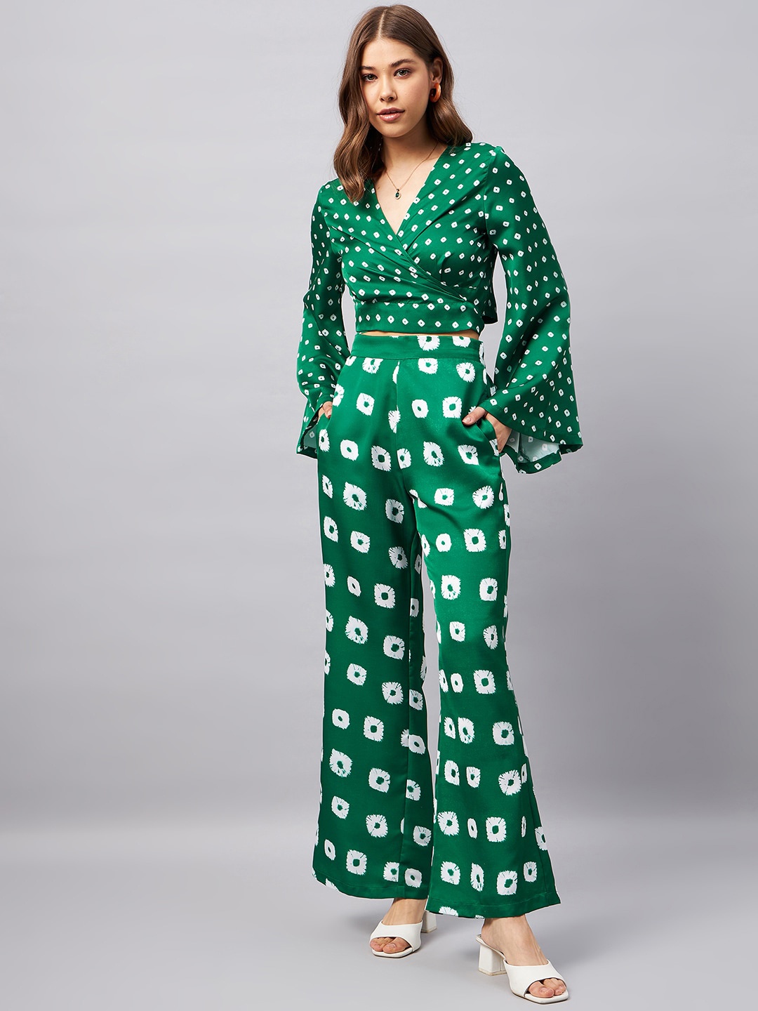 

Orchid Blues Bandhani Printed Wrap Top With Trousers Co-Ords, Green