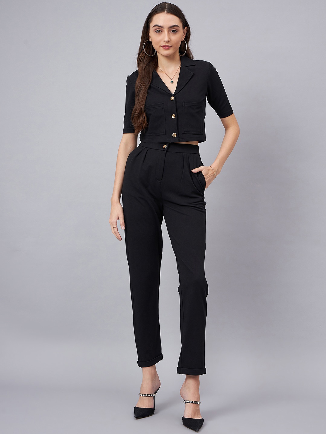 

Orchid Blues Lapel Collar Neck Blazer & Flared Trouser Co-Ords, Black