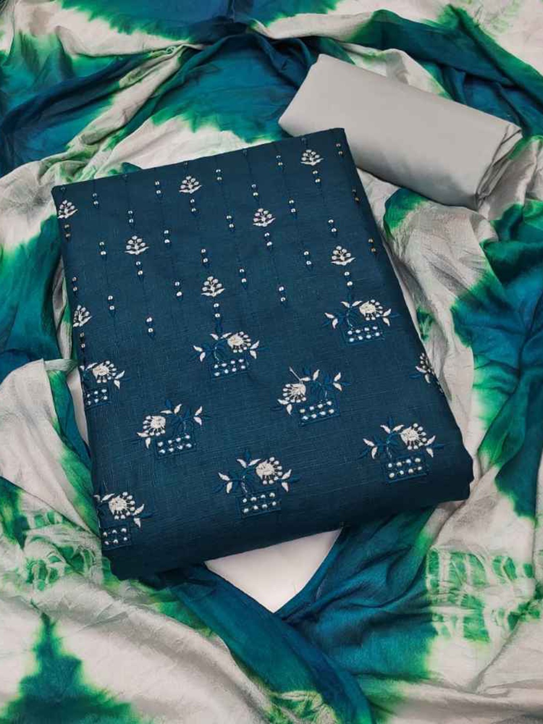 

faxofab Ethnic Motifs Embroidered Sequinned Silk Georgette Unstitched Dress Material, Blue