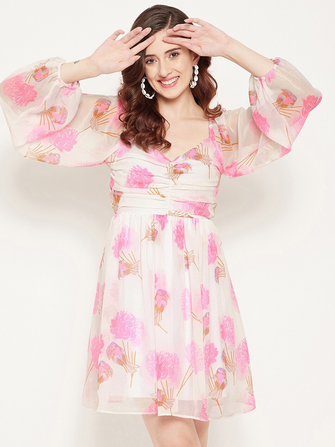 Bitterlime Floral Printed Flared Sleeve V-Neck Flared Georgette Fit & Flare Dress, Off white