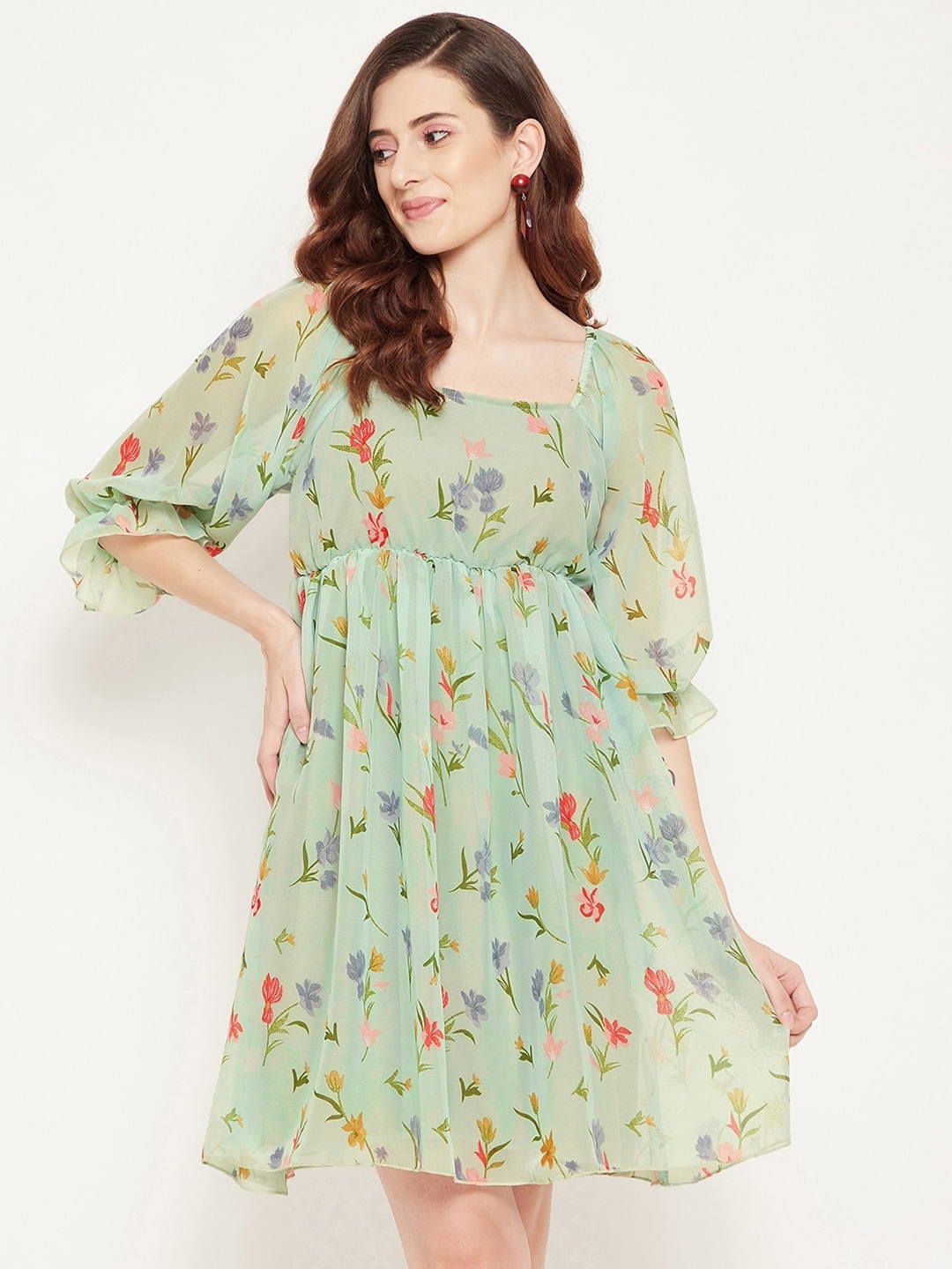 

Bitterlime Floral Printed Puff Sleeve Square Neck Georgette Empire Dress, Green