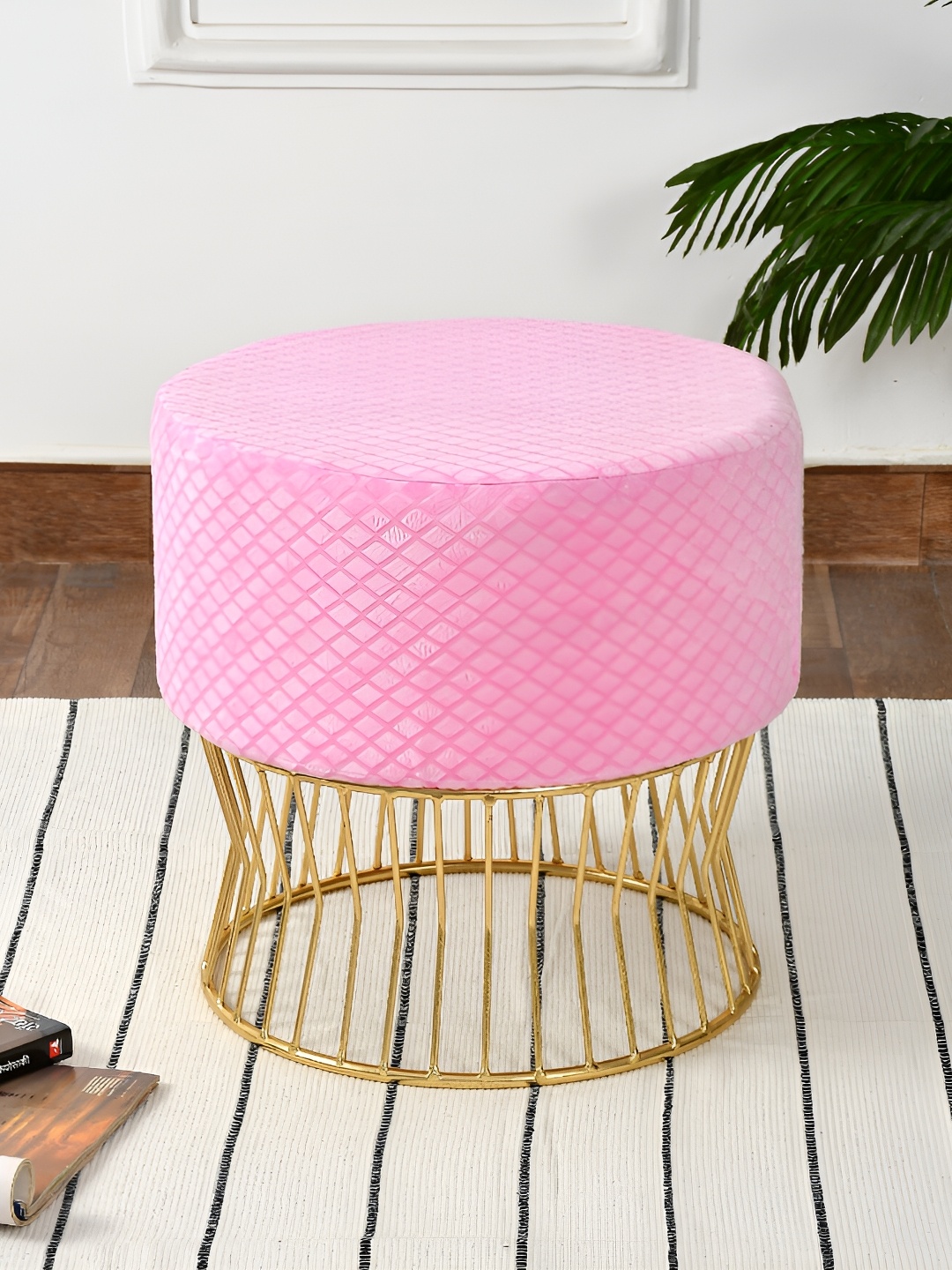 

COMFIDELITAS Pink Abstract Printed Cylindrical Shaped Seating Ottoman