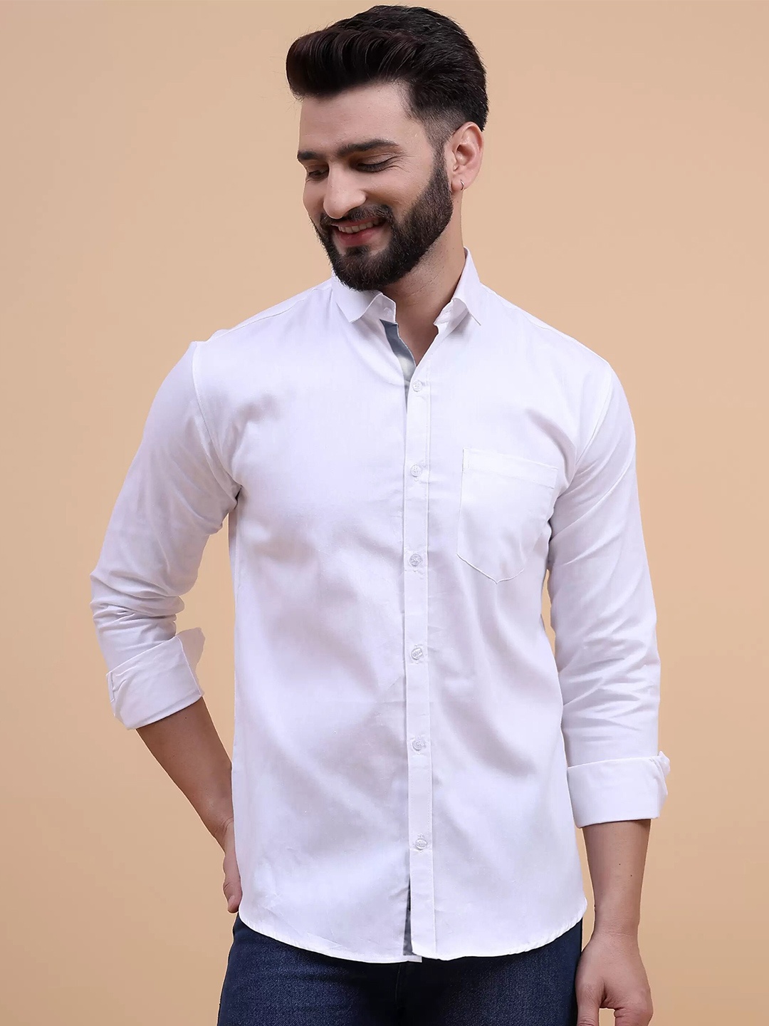 

Tee Projekt Spread Collar Long Sleeves Standard Cotton Regular Fit Casual Shirt, White