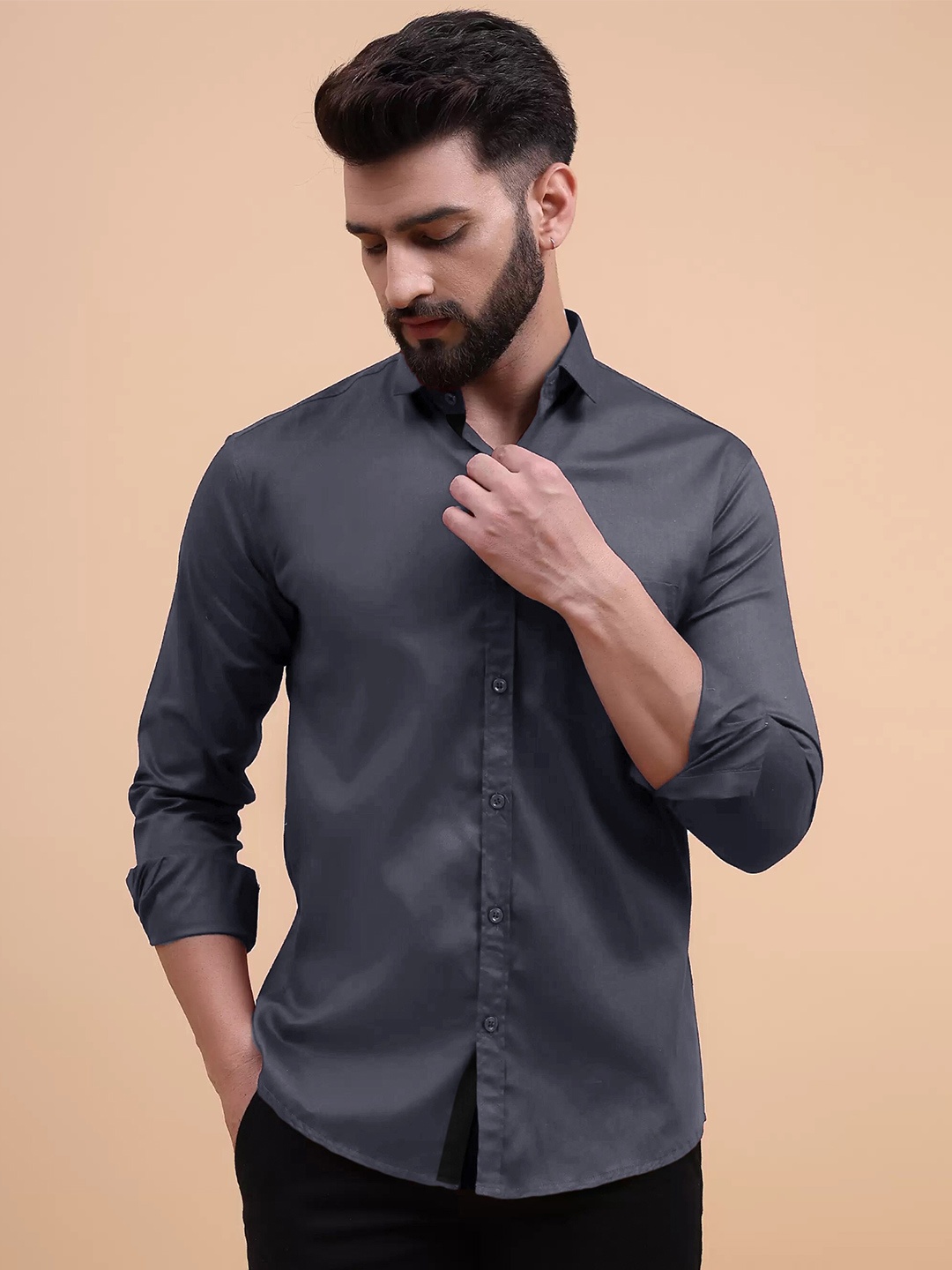 

Tee Projekt Spread Collar Long Sleeves Standard Cotton Regular Fit Casual Shirt, Grey