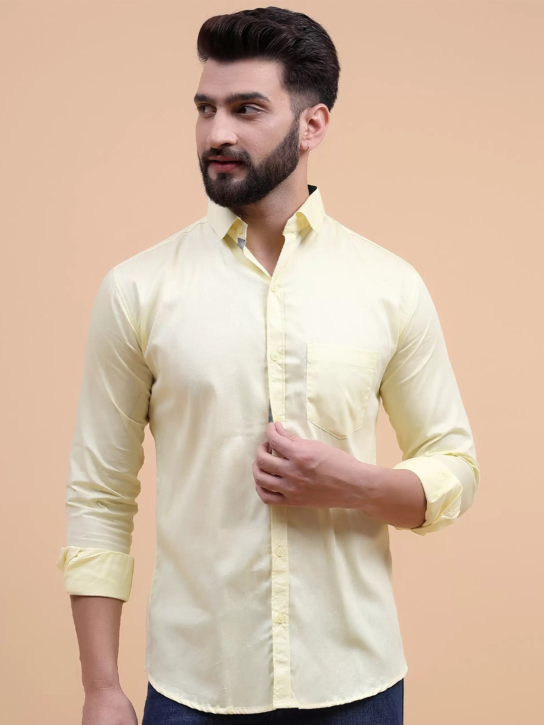 

Tee Projekt Spread Collar Long Sleeves Standard Cotton Regular Fit Casual Shirt, Cream