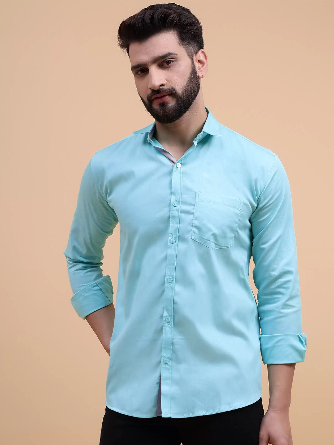 

Tee Projekt Spread Collar Long Sleeves Standard Cotton Regular Fit Casual Shirt, Blue
