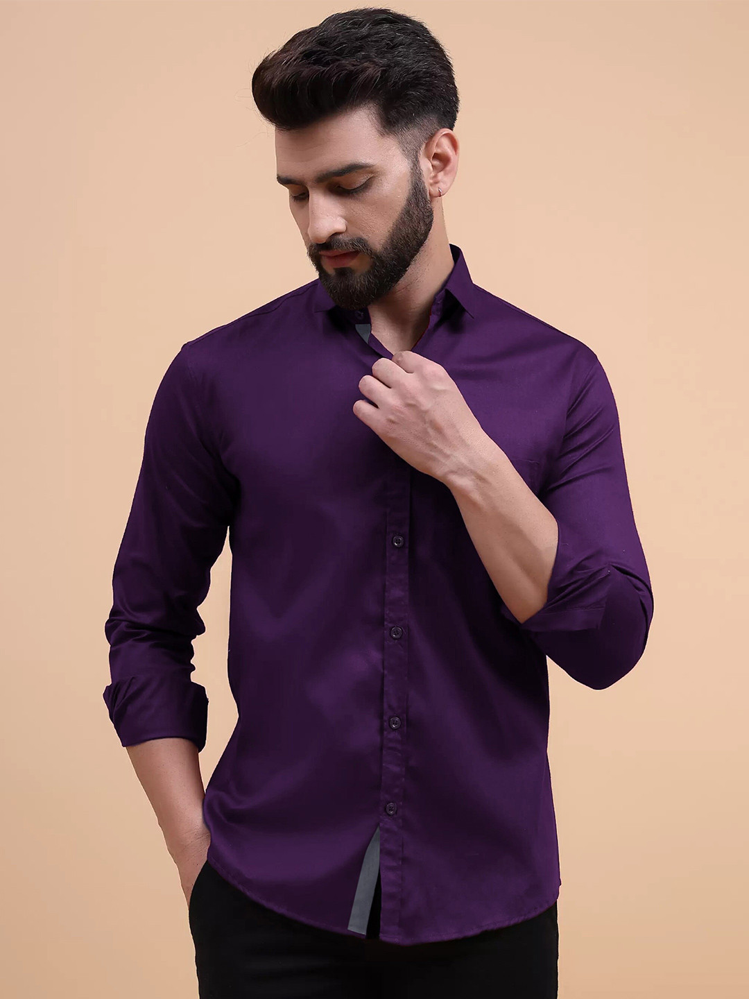 

Tee Projekt Spread Collar Long Sleeves Standard Cotton Regular Fit Casual Shirt, Purple