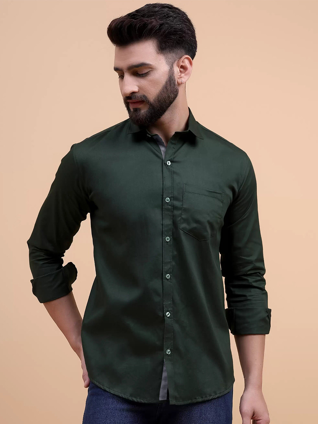

Tee Projekt Spread Collar Long Sleeves Standard Cotton Regular Fit Casual Shirt, Olive