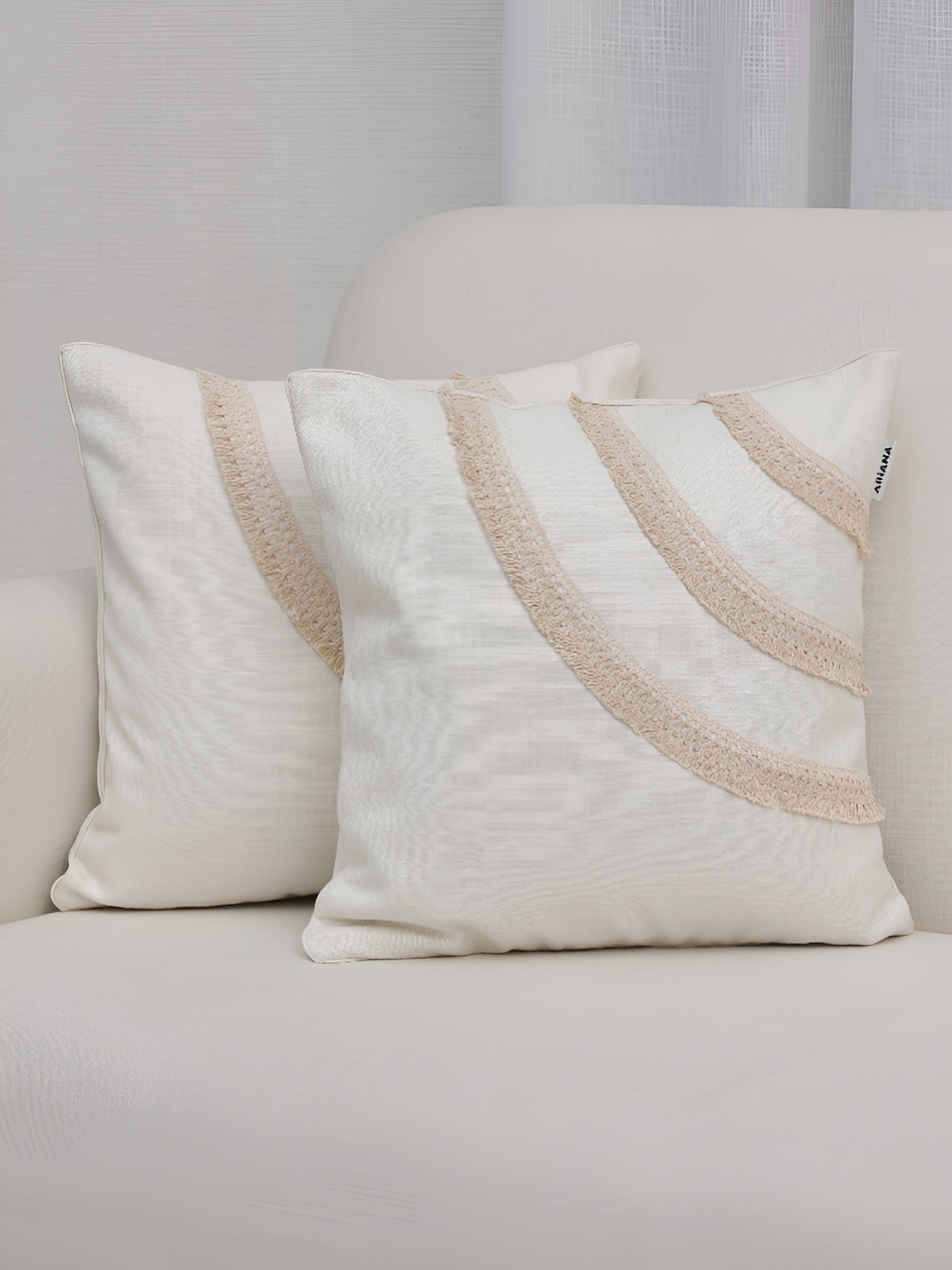 

Ariana White & Peach 2 Pieces Striped Cotton Square Cushion Covers